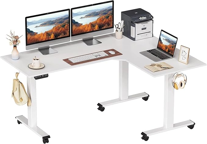 FEZIBO Triple Motor L-Shaped Electric Standing Desk, 63 Inches Height Adjustable Stand up Corner Desk, Sit Stand Workstation with Splice Board, White Frame/White Top