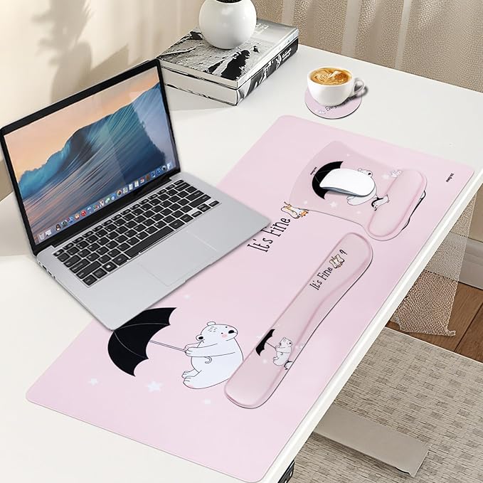 MEGREZ 4-in-1 Ergonomic Memory Foam Wrist Rest Set, Desk Pad, Mouse Pad with Wrist Rest, Keyboard Pad, Suitable for Office Workers, Programmers & Gamers–Relieve Typing & Gaming Fatigue, Pink