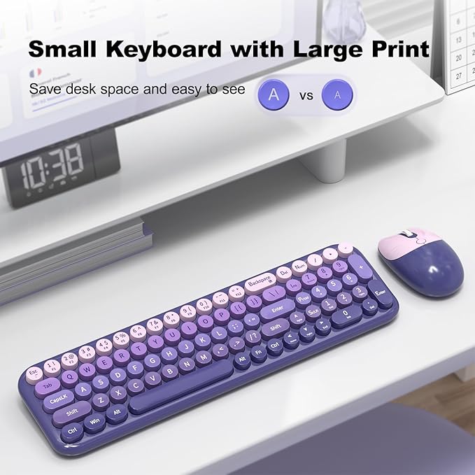 MOFII Wireless Keyboard and Mouse Combo, Compact Typewriter Retro Round Computer Keyboard and Mouse Set, Plug and Play, for Windows, Computer, Desktop, PC, Notebook - (Purple Gradient)