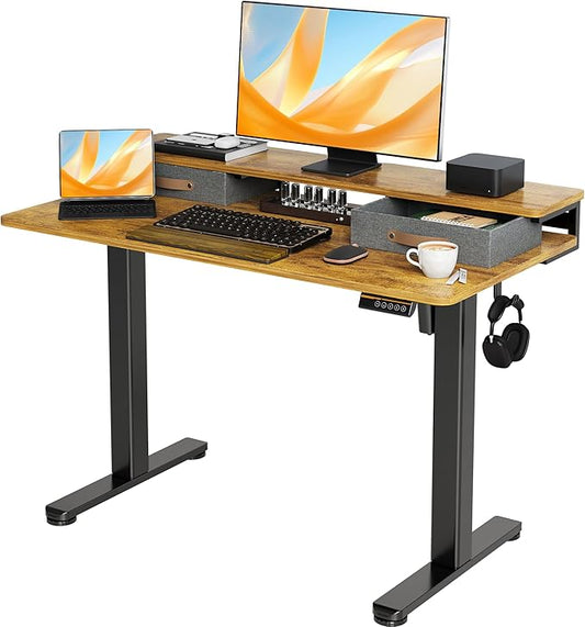 Seang Electric Standing Desk with 2 Drawers, Adjustable Standing Desk with Storage Shelf, Height Adjustable Stand up Desk for Home Office with 3 Presets & 2 Hooks,48 Inch, Rustic Brown