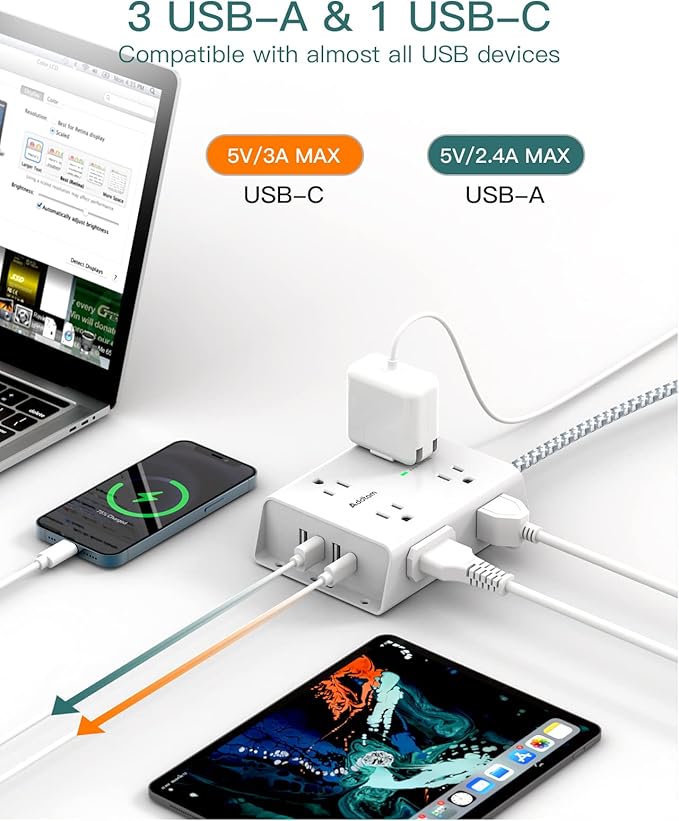 Surge Protector Power Strip - 8 Widely Outlets with 4 USB Ports(1 USB C Outlet), Addtam 3-Side Outlet Extender Strip with 5Ft Extension Cord, Flat Plug, Wall Mount for Dorm Home Office, ETL Listed