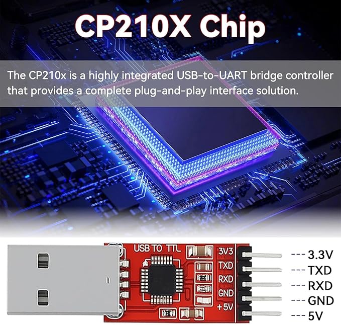 CP2102 USB to TTL Serial Adapter – USB 2.0 to 5Pin UART Converter Module with 3.3V/5V Output, STC Compatible, Includes Jumper Wires – for Arduino, ESP8266, STM32, DIY Projects (3-Pack)