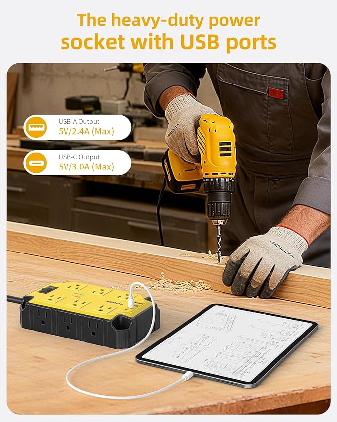 Surge Protector Power Strip 15 Amps/1200 Joules, 12 Outlets with 4 USB Ports (2 USB-C), Magnetic Heavy Duty Power Strip, 6.5 FT Extension Cord for Industrial Shop Garage (Yellow)