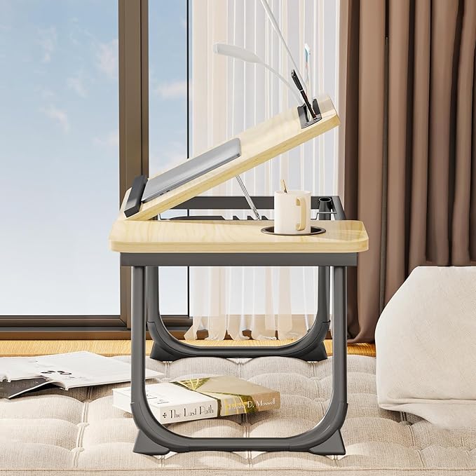 Laptop Desk for Bed, Adjustable Laptop Stand with 5 Different Angles, Portable Lap Tray Table with USB Charge Port and Cup Holder, Laptop Bed Desk Tray for Eating Working Writing (Yellow)
