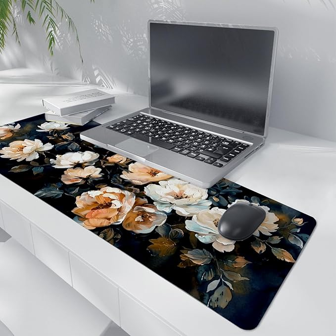 Dark Aesthetic Watercolor Floral Mouse Pad,XL Large Vintage Rose Desk Mat,Spring Summer Botanical Mouse Pad,Rustic Botanical Flower Desk Mat for Home Office Dorm Desktop Decor,31.5x11.8 Inch