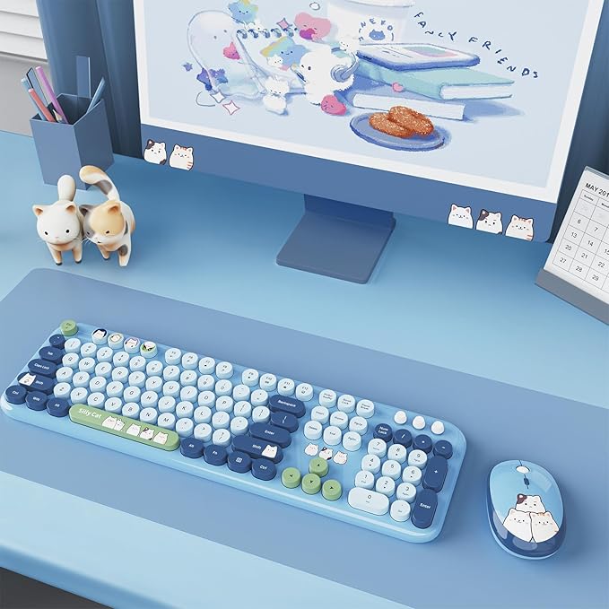 Wireless Keyboard and Mouse Combo, 2.4GHZ Typewriter Retro Full Size Keyboards, Cute Colorful Computer Keyboard and Wireless Mouse for Laptop/Desktop/Windows/PC (Blue Colorful)