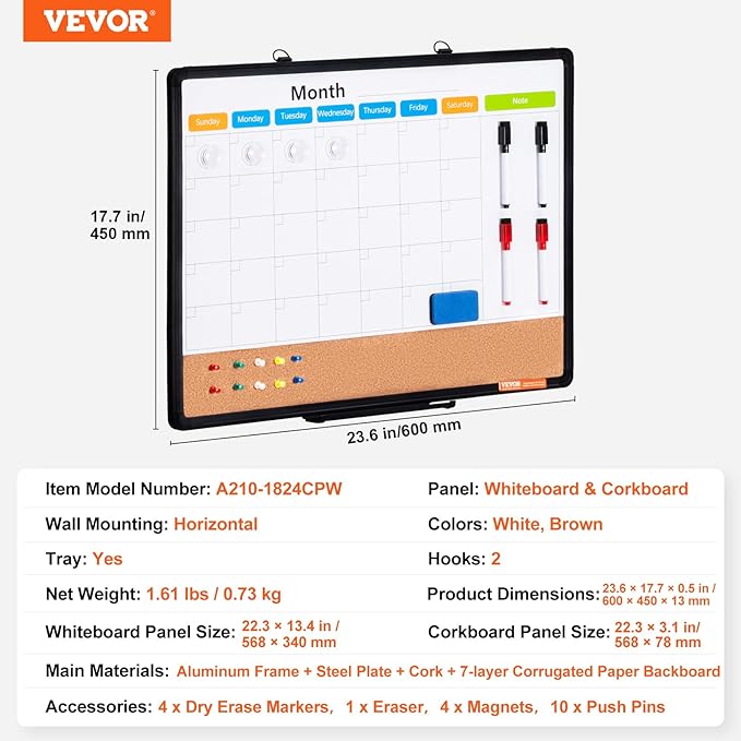 VEVOR 24"x 18" Monthly Calendar Whiteboard & Cork Board Combo with Aluminum Frame – 2-in-1 Magnetic Dry Erase Bulletin Board for Wall Mount – Ideal for School, Home, Office
