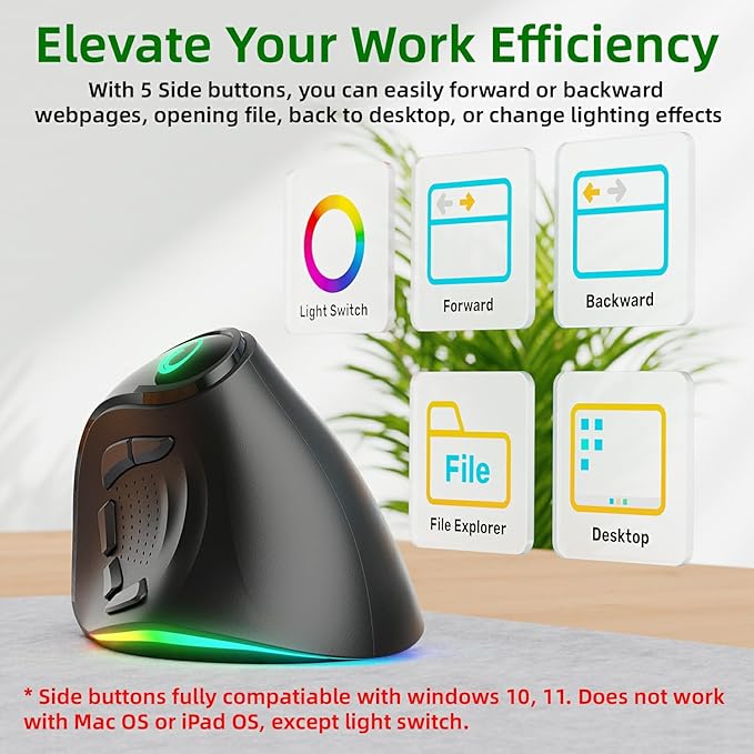 2.4G / BT/Wired Tri-Mode RGB Rechargeable G53 Wireless Vertical Ergonomic Mouse, 5 Side Buttons, Max 8400 DPI, for PC Computer Notebook Laptop, for Windows 11 10, Mac, iPad OS, Android - Black