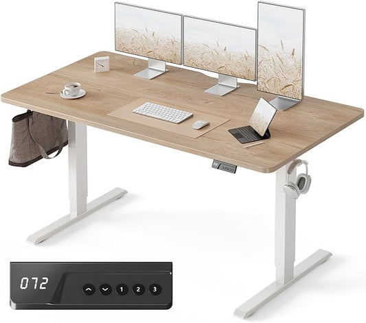 FEZIBO Standing Desk, 63×28 Inches Electric Height Adjustable, Sit Stand Up Table, Computer Office Desk with Splice Board, While Frame/Maple TOP