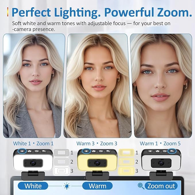 2K Webcam for Laptop, Computer Camera with Light for PC/Desktop/Mac [Light Your Face, Free Your Space] USB Webcam with Auto Anti-Disturb Backlight, Zoom & Flip, Privacy Cover, Microphone