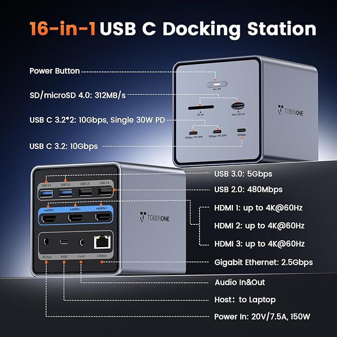 TobenONE 16-in-1 Laptop Docking Station Triple 4K Monitor with 150W Power Supply, 3 HDMI, 2.5Gbps Ethernet, 7 USB, USB-C Docking Station for Thunderbolt 5/4/3 Windows/Dell/Lenovo/HP/Asus