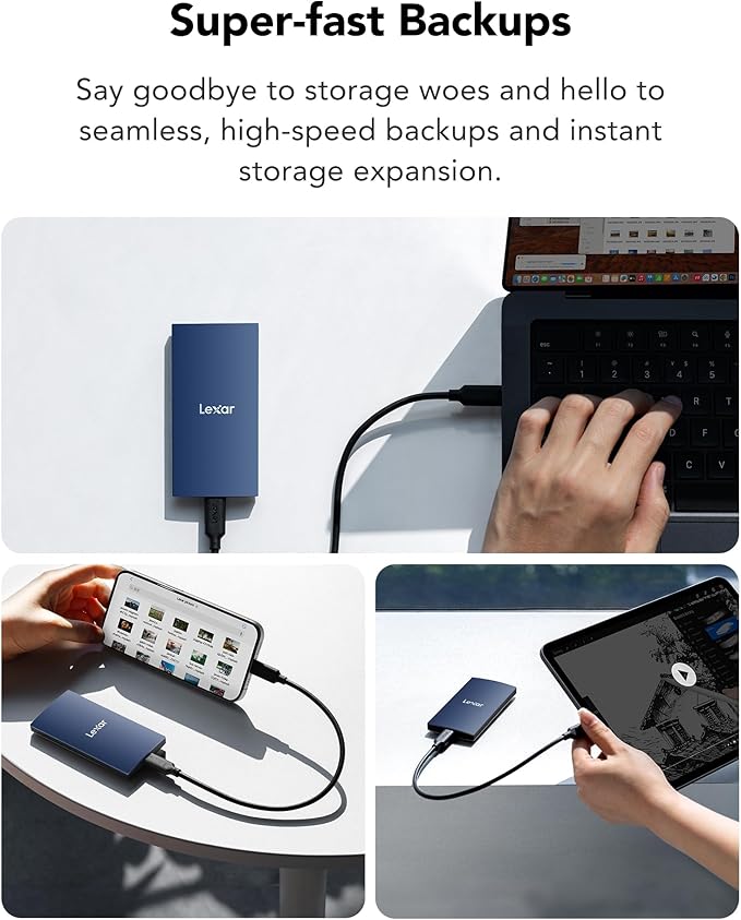 Lexar ES3 1TB External SSD, USB 3.2 Gen2 Portable SSD, PSSD Up to 1050MB/s Read, 1000MB/s Write, External Solid State Drive Compatible with iPhone 16/15 Series/Mac/PS5/XBOX/Laptop/PC, Blue