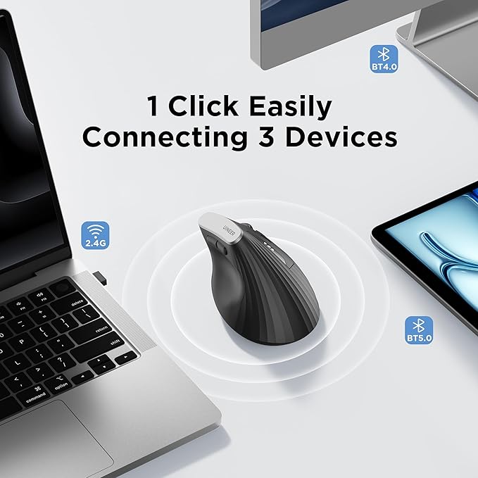 Uineer Wireless Ergonomic Mouse, Bluetooth Mice (BT4.0/5.0 and 2.4G) Rechargeable Vertical Mouse, 3 Multi-Device Connectivity for PC/Mac/Laptop/Computer, 4 DPI Quiet Clicks for Office, Home, Black