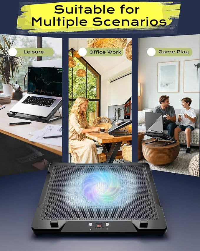 DEPGI Laptop Cooling Pad, Laptop Cooler Stand with 5.5" Movable Fan Easy to Clean, Auto Temp Sensor & 3-Speed Manual Control, Ultra Quiet ≤40dB for 14–17.3 Inch Laptops，Black