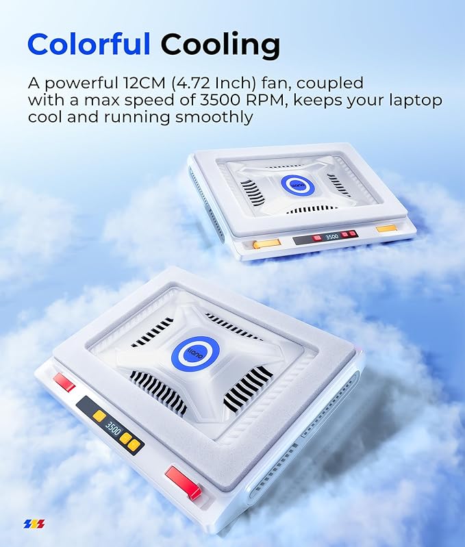 llano V10 Laptop Cooling Pad with Powerful Turbofan, Gaming Laptop Cooler with Adjustable Variable Speed, ButtonControl,LCD Screen, Seal Foam for Rapid Cooling Laptop13-17.3in (White)