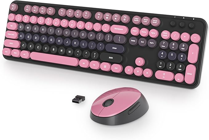 Black Pink Keyboard and Mouse Combo Wireless, 2.4G Full Size 104-Key Retro Typewriter Keyboards Round Keys for Students Teenagers Home Office PC Laptop(Berry Powder)
