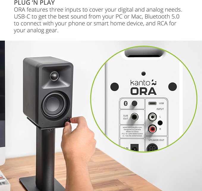 Kanto ORAMW 100W Powered Reference Desktop Computer Speakers with Bluetooth 5.0 and USB-C Input | Bi-Amplified | 100 Hz Automatic Crossover | Reference Quality Sound | Pair | Matte White (Renewed)
