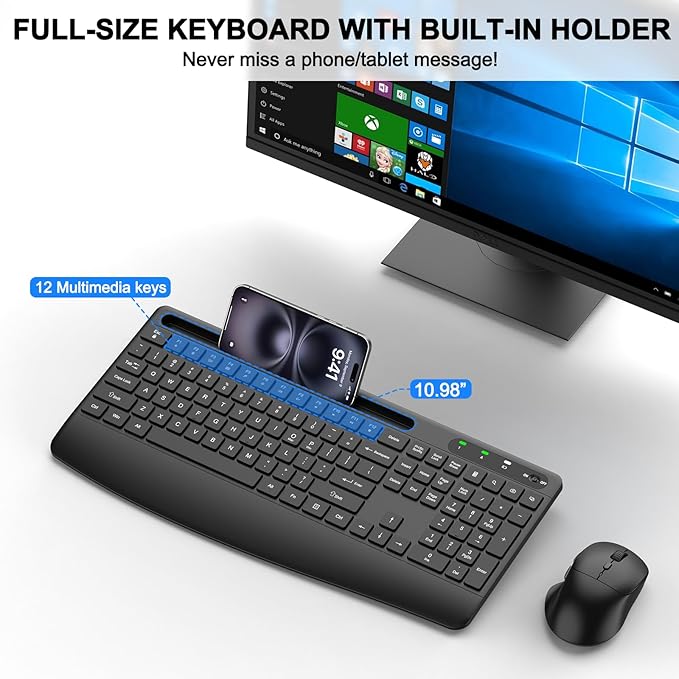 Wireless Keyboard and Mouse Combo, 2.4G Full Size Silent Ergonomic Keyboard with Wrist Rest, Phone Holder, 3 DPI Adjustable Ergonomic Quiet Mouse for Windows, Mac OS Desktop/Laptop/PC(Black)