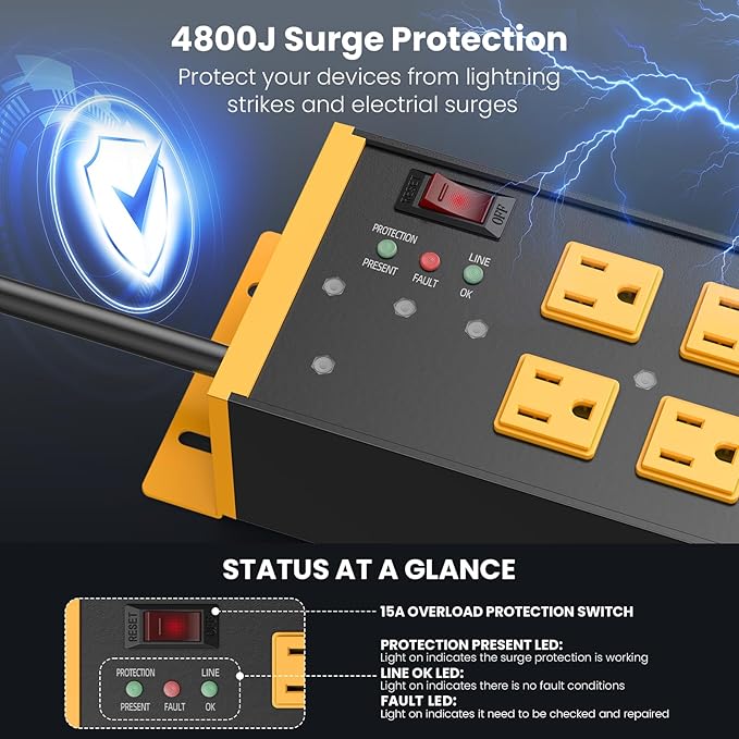 JUNNUJ Heavy Duty Power Strip Surge Protector 4800J, 6 Outlets with EMI/RFI Filtering and Noise Isolated Banks, Wall Mount Metal Multiple Plugs for Industrial Garage Shop,10FT Extension Cord Flat Plug