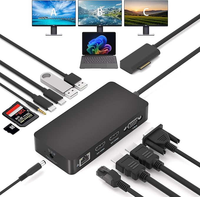 12 in 1 New Surface Docking Stationg, Triple Displays VGA + Dual 4k@30hz HDMI, Surface Dock for Surface Pro 11/10/9/8/X/7/6/5/4/3, Surface Laptop, Surface Laptop Go, Surface Go Dock, Surface Book Dock