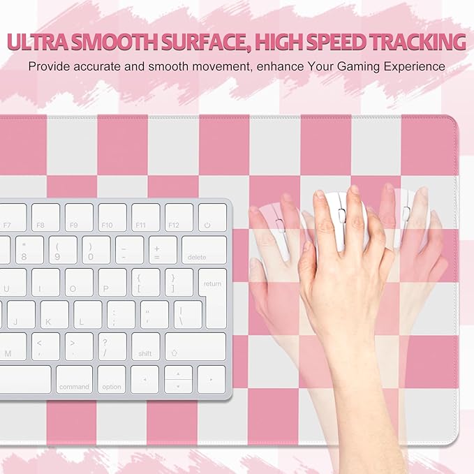 Pink White Desk Pad Mouse Pad, Checkered Pattern Large Gaming Mouse Mat with Stitched Edges, Non-Slip Waterproof Rubber Base Mous Mat for Office Computer Keyboard Laptop Home Decor (35.4X17.5 in)
