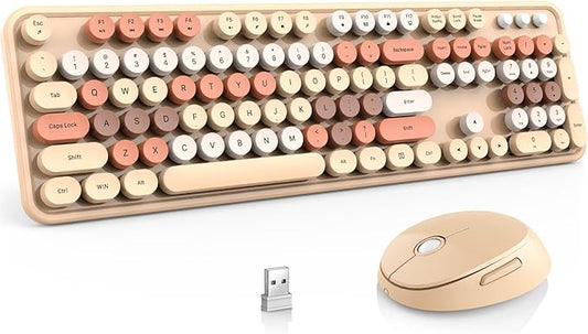 Wireless Keyboard and Mouse Combo, MOFII Full-Size Retro Round Keyboard and Mouse, 2.4 GHz Wireless, Plug and Play, 8 Multimedia & Shortcut Keysfor Mac, Windows, Laptop/Desktop/PC (Creamy)