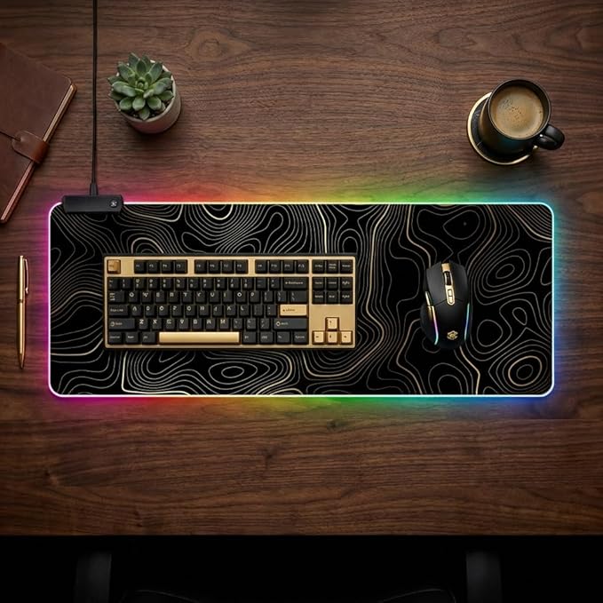 RGB Mouse Pad LED Desk Mat Large Gaming Mousepad Black and Gold Line Design, Keyboard Pad XL Mouse Mat for Home and Office (Black with Gold Topographic Line)