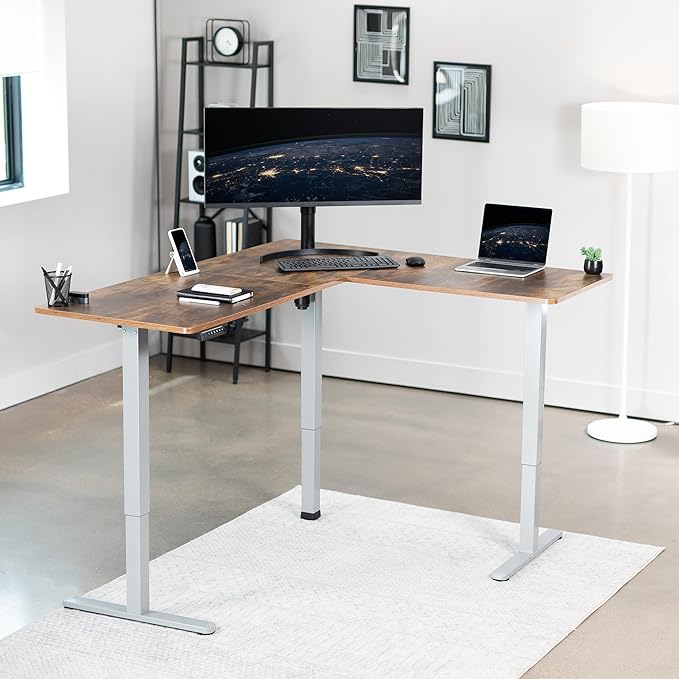 VIVO Corner Standing Desk, 63 x 55 inch Reversible L-Shaped Workstation, Electric Height Adjustment, Home, Office, and Reception Rooms, Rustic Vintage Brown Table Top Gray Frame, DESK-E3CTGN