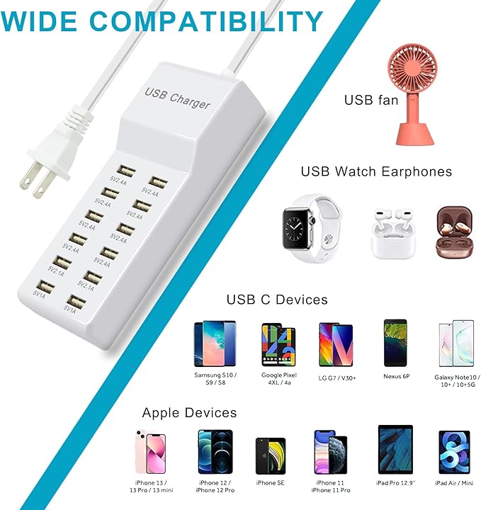 100W USB Charger Station Block Multiport Charger Hub with Fast Charging Wall Charger for Multiple Devices USB Charging Port Compatible with Cell iPhone Android Smartphone Smart Watch