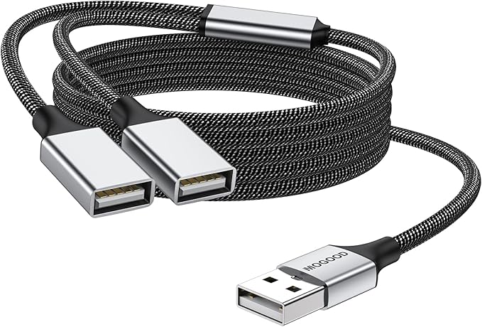 MOGOOD Dual USB 2.0 Power Cord Extension - USB A Splitter for Laptop/Mac/Car