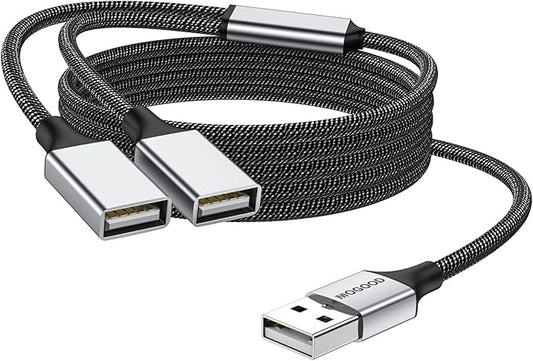MOGOOD Dual USB 2.0 Power Cord Extension - USB A Splitter for Laptop/Mac/Car