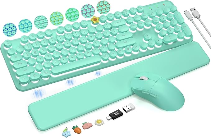Wireless Keyboard and Mouse Backlit - Typewriter Keyboard with Magnetic Wrist Rest, Retro Round Keycaps, Light Up Letters, 2.4GHz Cordless Combo for Mac, Windows, PC, Laptop, Trueque