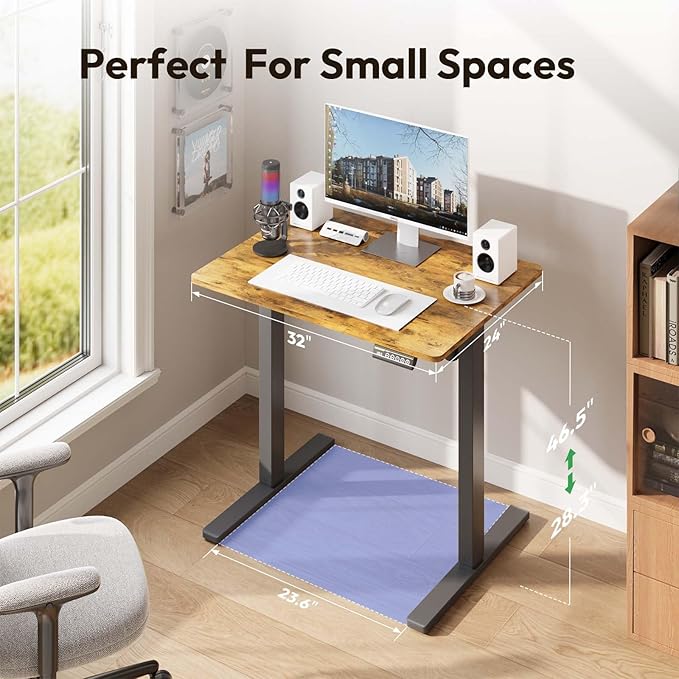 Electric Standing Desk,32x24 Inches Adjustable Height Stand up Desk, Sit Stand Home Office Desk with Splice Board, 3 Preset Heights,Equipped with Hooks,Ergonomic Computer Desk Workstation，Brown