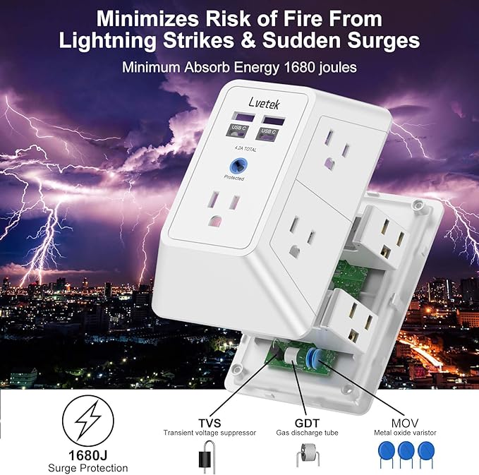 Outlet Extender, Surge Protector Outlet with 5-Multi Plug Outlet and 4 USB Ports(2 USB C), 3-Sided 1680J Power Strip Wall Charger, Multiple-Plug Outlet Splitter for Home Travel Office,ETL Listed,White