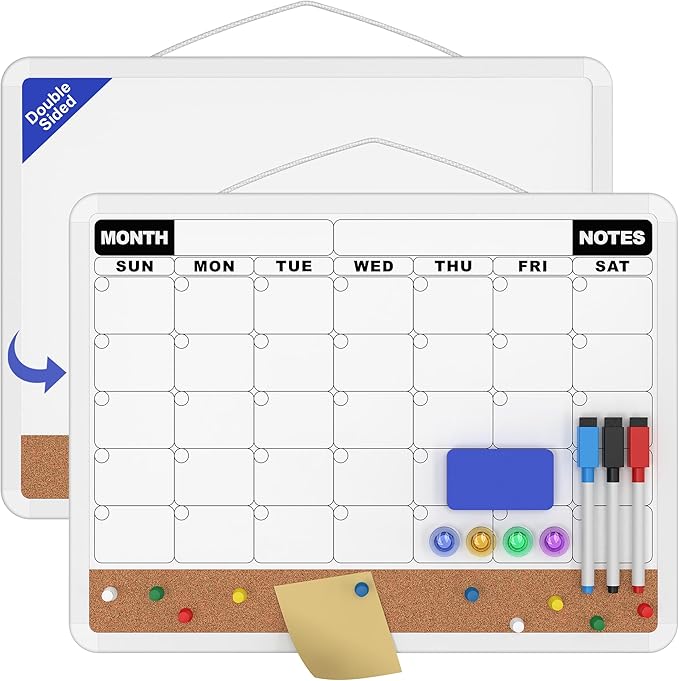 Monthly Calendar Dry Erase Board 16x12 Inch, Double-Sided Whiteboard and Corkboard Combo, Plastic Frame Wall Mounted Planner Organizer with Markers, Magnets, Push Pins, Eraser, for Home Office School
