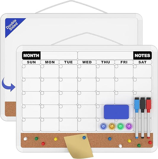 Monthly Calendar Dry Erase Board 16x12 Inch, Double-Sided Whiteboard and Corkboard Combo, Plastic Frame Wall Mounted Planner Organizer with Markers, Magnets, Push Pins, Eraser, for Home Office School