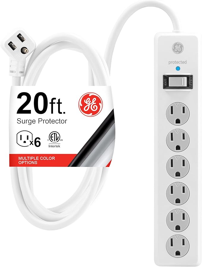 GE Surge Protector Power Strip, 20 Ft Extension Cord, 6 Outlet Extender, 800 Joules, Flat Plug, Twist-to-Close Safety Covers, ETL Listed, White, 50770