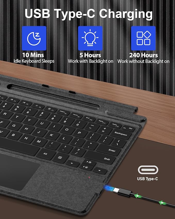 MoKo Type Cover for Microsoft Surface Pro 11/10/9/8/X Keyboard, Wireless Bluetooth Surface Pro Keyboard with 7 Colors Backlit, Touchpad, Sleep/Wake Function, Pencil Holder, Rechargeable Battery, Black