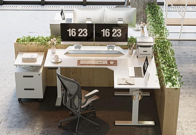 FEZIBO Triple Motor L-Shaped Electric Standing Desk, 63 Inches Height Adjustable Stand up Corner Desk, Sit Stand Workstation with Splice Board, White Frame/White Top