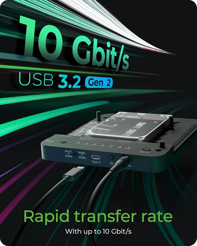 ICY BOX M.2 NVMe & SATA SSD/HDD Docking Station, USB-C 3.2 Gen 2 (10 Gbps) Hard Drive Clone Station & Reader for M.2 NVMe SSD + SATA 2.5”/3.5” SSD & HDD Converter, Offline Cloning, Tool-Free