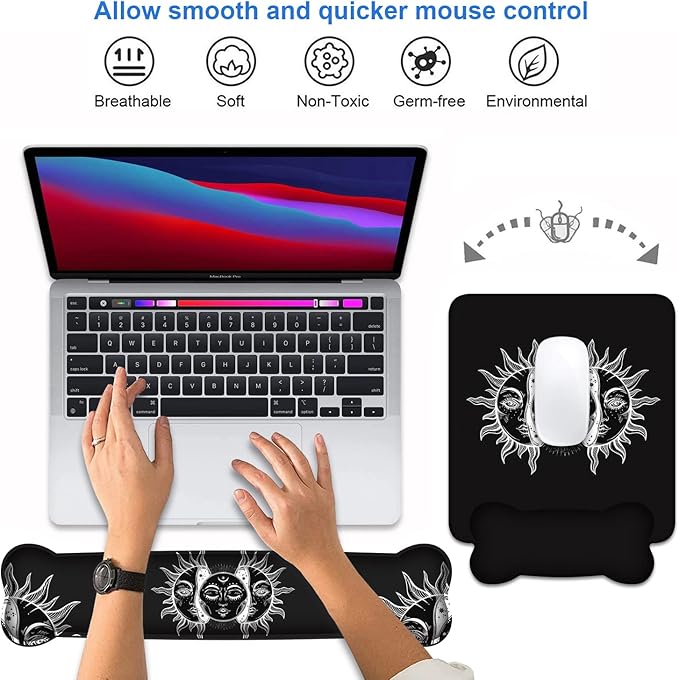 Keyboard Wrist Rest & Mouse Pad Wrist Support Set, Moon and Sun with Many Fractal Faces Celestial Energy Mystic Art Non-Slip Rubber PU Base for Home Office Working Studying Easy Typing & Pain Relief