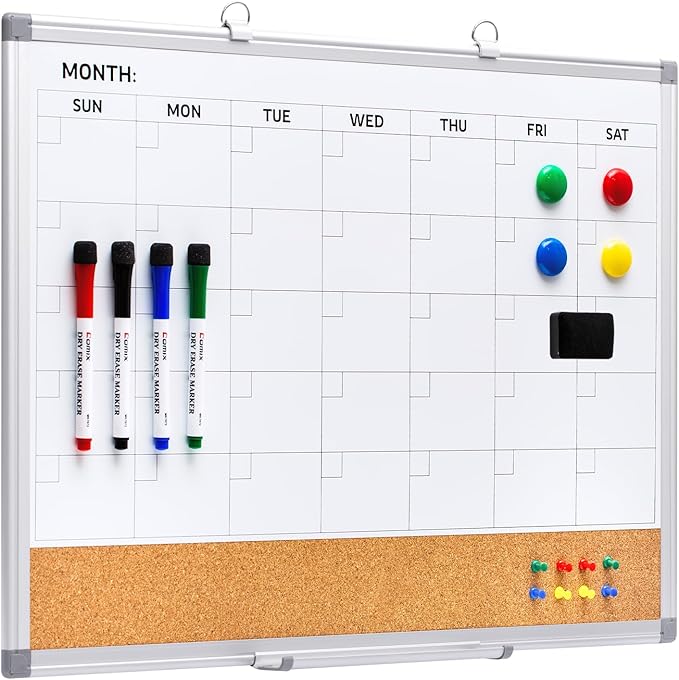 Comix Dry Erase Calendar Whiteboard Corkboard Combo, 24 * 18 inch Monthly Calendar and Bulletin Board Combination for wall, Aluminum Frame Planner with Dry Erase Markers, Magnets, Push Pins