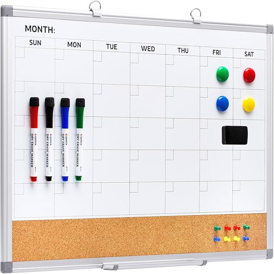 Comix Dry Erase Calendar Whiteboard Corkboard Combo, 24 * 18 inch Monthly Calendar and Bulletin Board Combination for wall, Aluminum Frame Planner with Dry Erase Markers, Magnets, Push Pins