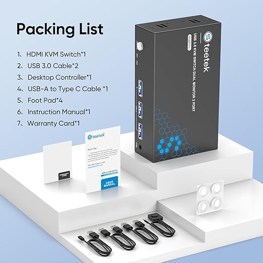 Hearvo 8K@60Hz HDMI KVM Switch for 2 Computers 2 Monitors, Dual Monitor KVM Switch with EDID Adaptive, Keyboard/Mouse/Printer Sharing, Includes 2 USB Cables & Controller -S7229H2