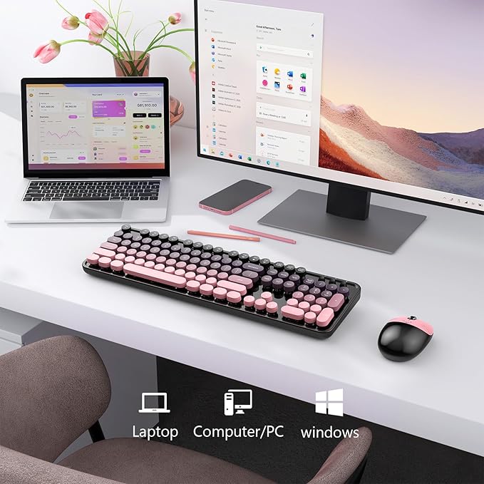 MOFII Wireless Keyboard and Mouse Combo, 2.4 GHz Full-Size Retro Round Keyboard and Mouse, Plug and Play, 8 Multimedia & Shortcut Keys for Mac, Windows, Laptop/Desktop/PC - Pink Gradient