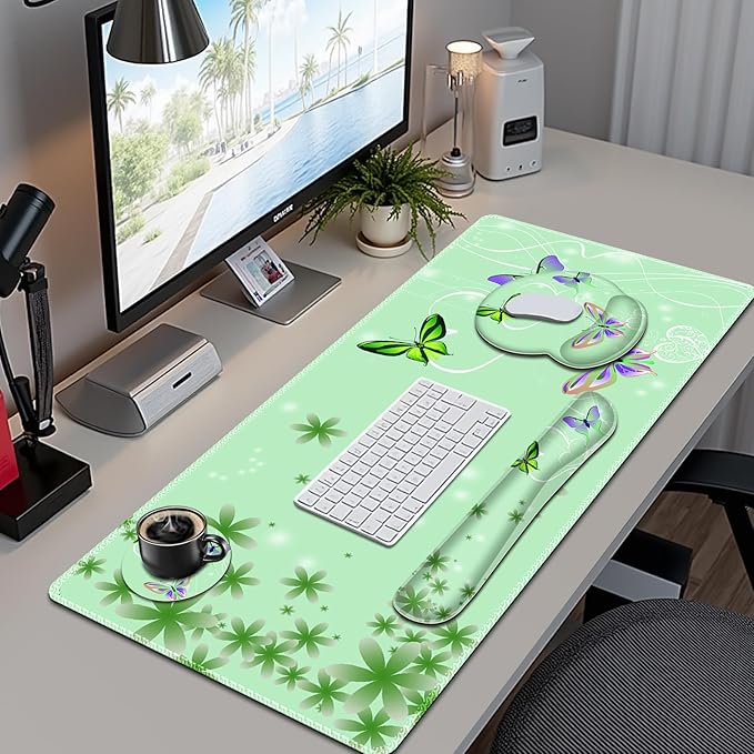 Mint Green Butterflies Florals Mouse Pad, XXL Large Desk Mat Extended Reading Desk pad, 4PCS Non-Slip Rubber Base Computer Big Mousepads for Work, Game, Office, Home Decor Cute Girls Woemn Gifts