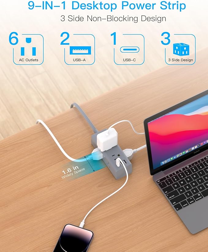 10Ft Extension Cord with Multiple Outlets, Flat Plug Power Strip Surge Protector with 10 Ft Long Cord, 6 Outlet 3 USB Ports (1 USB C), Multi Outlet Wall Plug for Travel, Dorm Room Essentials-Grey