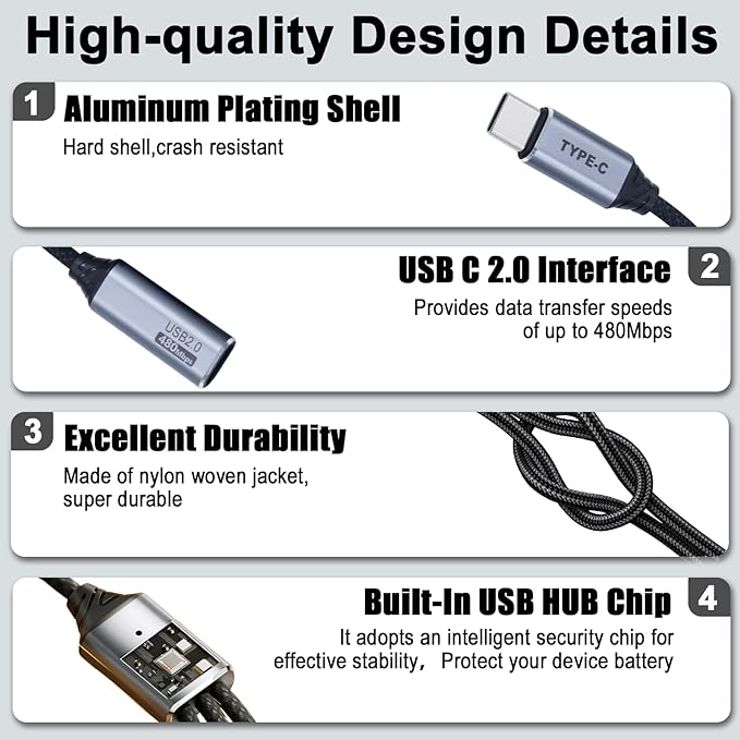 Danfetsoy USB C Splitter 1 in 3 Out, Multi USB C Splitter Cable, Type C Male to 3 Female Nylon Braided Cable Support 480Mbps Transfer Data and Charging for Android Tablets, MacBook, Keyboards, 25cm