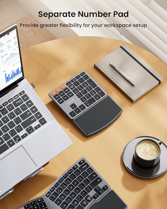 ProtoArc Bluetooth Ergonomic Keyboard, Wireless Ergonomic Keyboard with Separate Number Pad, Dual Bluetooth and USB, Hard Palm Rest, Split Design, Rechargeable for Windows/Mac/Android