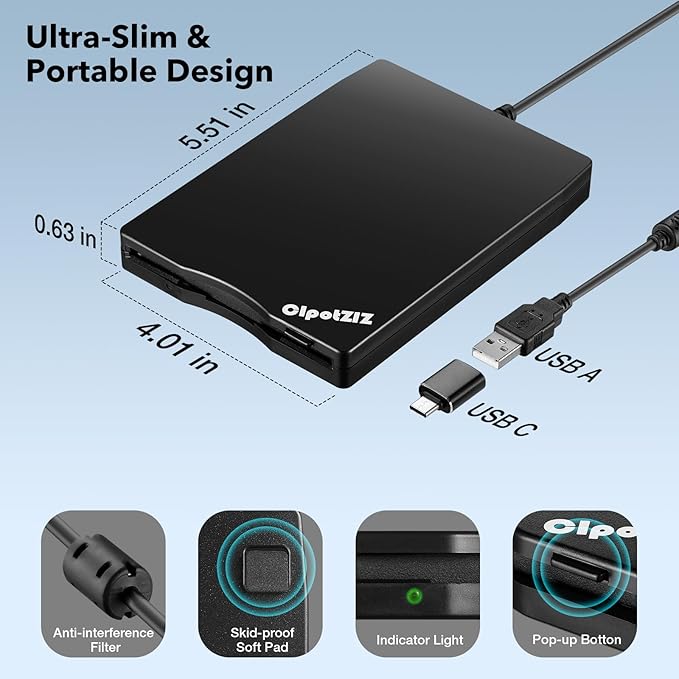 Floppy Disk Reader 3.5 inch External USB A&C Floppy Disc Drive 3 1/2 Floppy Disk Drive/Converter/Player/Reader/Transfer for Laptop Desktop PC Compatible with Windows 11/10 (Frosted Texture)